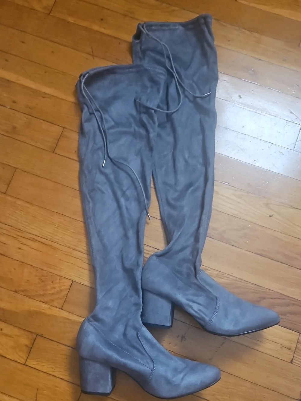 Gray Suede Over-the-Knee Block Heel Boots